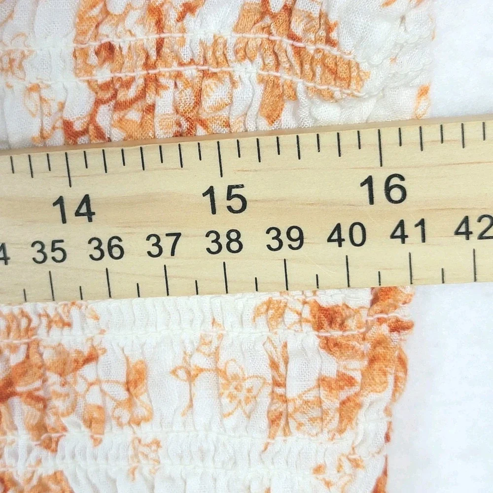 Loft Toile Smocked Peplum Blouse M Orange‎ Square Neck Puff Sleeves Peasant Boho